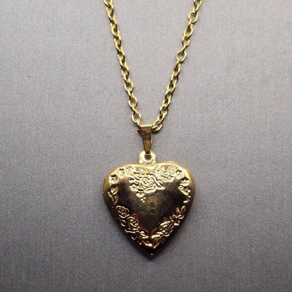 VTG Victorian Revival Gold Tone Heart Locket Necklace 20" Floral Detail - Picture 12 of 13